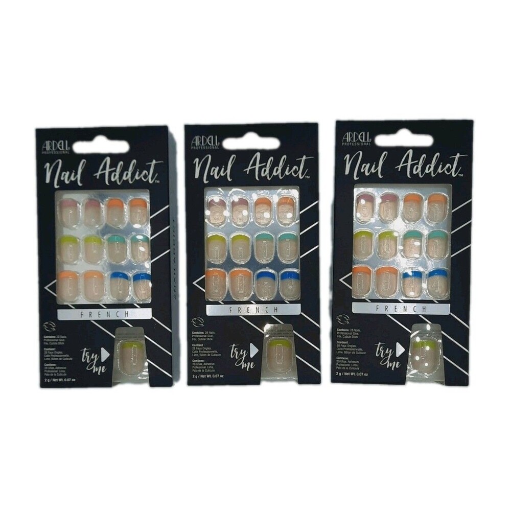 Lot of 3 ARDELL PROFESSIONAL Nail Addict Rainbow French Press-On Nail Kits NIB